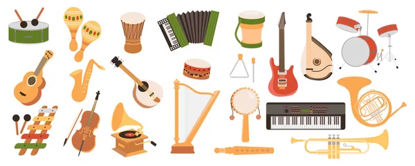 Musical Instruments Mega Set Cartoon Graphic Design Bundle Elements Drum — Stock Vector