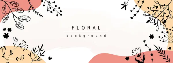 Florales Horizontales Webbanner Abstrakte Schwarze Umrisse Von Wildblumen Blühenden Blumen — Stockvektor