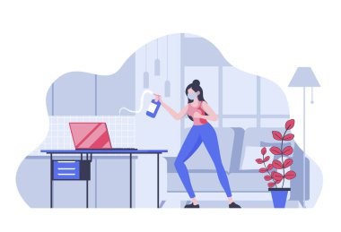 Çizgi film karakterlerinin ağ için düz dizayn edildiği Coronavirus önleme kavramı. Koruyucu maskeli kadın temizlik ve dezenfeksiyon yapıyor. Sosyal medya afişi, pazarlama materyali için vektör illüstrasyonu.