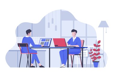 Web geliştirme konsepti. Çizgi film insanlarının ağ için düz tasarımı. Programcı ekibi arayüz düzeni ve anasayfaları oluşturuyor. Sosyal medya afişi, pazarlama materyali için vektör illüstrasyonu.