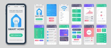 Web şablonları için akıllı ev mobil uygulama ekranları ayarlandı. Profil girişi, otomasyon kontrolü, çevrimiçi izleme termostatları. Cep telefonu düzeni için UI, UX, GUI kullanıcı arayüzü kiti. Vektör tasarımı