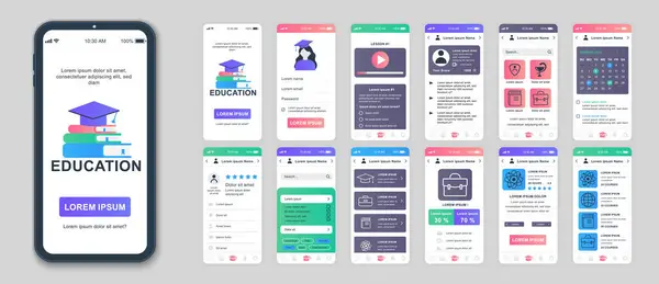 Education Mobile App Screens Set Web Templates Pack Student Profile — Stock Vector