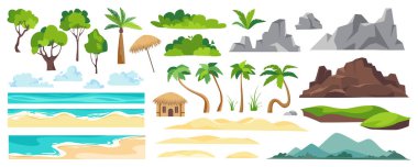 Plaj peyzaj elemanları mega düz grafik tasarım seti. Tropikal palmiye ağaçları, yeşil çalılar, okyanus kumsalları, bulutlar, dağlar, tatil köyleri. Vektör illüstrasyonu.