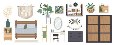 Yatak odası iç mimari mega düz grafik tasarım seti. Bohem tarzı mobilya, yatak, tuvalet masası ve sandalye, bitkiler, tablolar, kitaplık. Vektör illüstrasyonu.