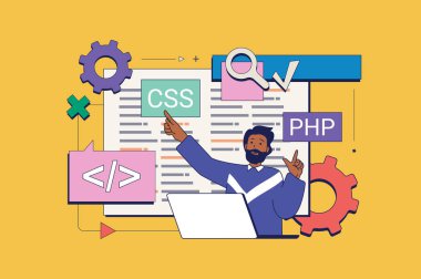 Ağ için düz neo barbarlık tasarımı programlama konsepti. Yazılım, mühendislik programları ve arama hataları yapan insanlar. Sosyal medya afişi, pazarlama materyali için vektör illüstrasyonu.