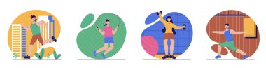 Düz web dizaynında geçen insan sahnelerinin fitness konsepti. Erkek ve kadınların koştuğu bir sürü karakter durumları ip atlama egzersizleri, halter eğitimi, yoga. Vektör illüstrasyonları.