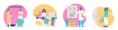 Düz web dizaynında insanların sahnelerinin yer aldığı tıbbi konsept. Rehabilitasyondaki hastaların, klinikte ve hastanede çalışan doktorların ve hemşirelerin olduğu bir sürü karakter durumu. Vektör illüstrasyonları.