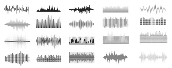 フラットグラフィックデザインのサウンド波メガセット 抽象的な黒線ラジオ周波数 オーディオ波形 音楽イコライザー ボリュームチューニングレベルなどの要素を束ねます ベクトルイラスト化されたオブジェクト — ストックベクタ
