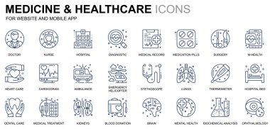 Web sitesi ve Mobil Uygulamalar için Basit Sağlık ve Tıp Hattı Simgeleri Ayarla. Doktor, Hastane, Tıbbi Ekipman gibi ikonlar içeriyor. Kavramsal renk çizgisi simgesi. Piktogram paketi.