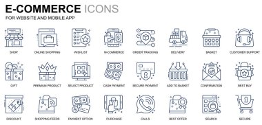 Web sitesi ve Mobil Uygulamalar için Basit E-Ticaret ve Alışveriş Hattı Simgeleri Ayarları. Teslimat, ödeme, sepet, müşteri, dükkan gibi ikonlar içeriyor. Kavramsal renk çizgisi simgesi. Piktogram paketi.