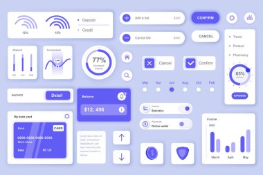 Bankacılık mobil uygulaması veya web için kullanıcı arayüzü ögeleri ayarlandı. Kit HUD, finansal yönetim, depozito ve kredi, hesap bakiyesi, fatura, ödemeler ile şablon. Bir paket UI, UX, GUI. Vektör bileşenleri.