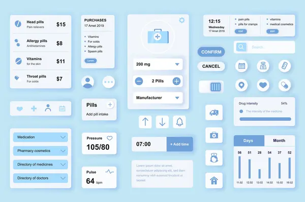 User Interface Elements Set Medical Mobile App Web Kit Template — Stock Vector