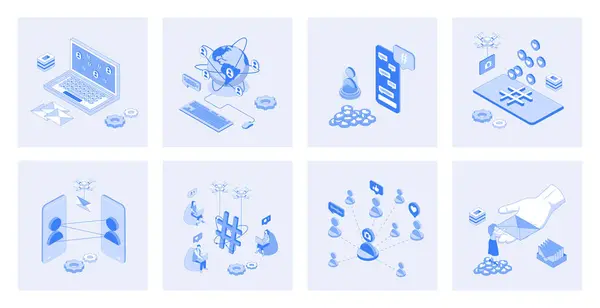 Réseau Social Isométrique Ensemble Concept Avec Conception Icônes Isométriques Pour Illustrations De Stock Libres De Droits