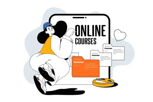 Online Courses Outline Web Modern Concept Flat Line Design Woman — Stock Vector