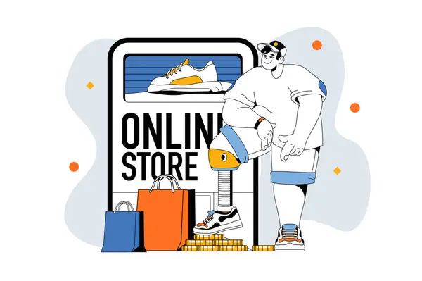 Online Shopping Skizziert Web Modernes Konzept Flacher Linienführung Mann Wählt Stockvektor