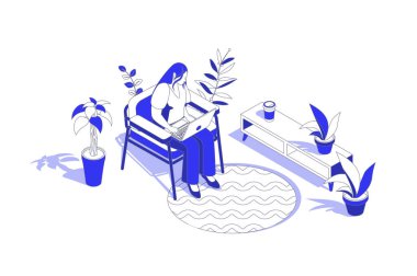 İzometri grafik tasarımında ağ için serbest çalışma 3d izometrik konsept. İnsanlar koltukta oturan, dizüstü bilgisayarda çalışan, işleri uzaktan yapan ve internete bağlanan bir kadınla sahneyi canlandırıyor. Vektör illüstrasyonu.