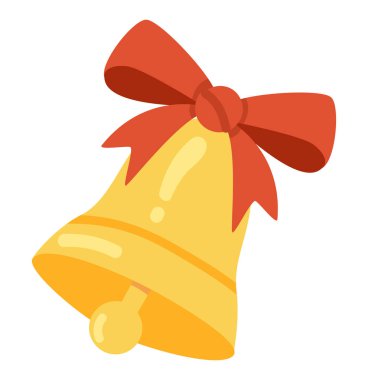 Düz dizaynlı kırmızı kurdeleli okul zili. Geleneksel altın zil. Vektör çizimi izole edildi.