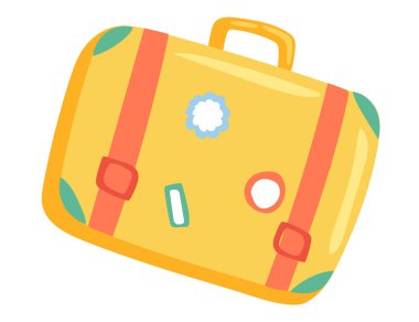 Düz dizaynlı seyahat valizleri. Etiketli klasik turist valizi. Vektör çizimi izole edildi.