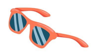 Düz dizaynlı güneş gözlüğü. Kırmızı plastik çerçeveli ve gölgeli camlı gözlükler. Vektör çizimi izole edildi.