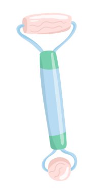 Düz dizaynlı tekerlekli masaj aleti. Kuvars taşlı yüz masajı aleti. Vektör çizimi izole edildi.