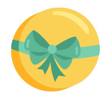 Hediye kutusu düz dizaynlı. Parti için yeşil kurdeleli yuvarlak bir hediye. Vektör çizimi izole edildi.