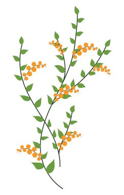 Düz dizaynlı yeşil dallı turuncu çilekler. Soyut Buckthorn dalları. Vektör çizimi izole edildi.