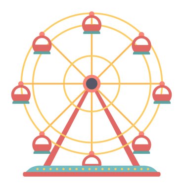 Düz dizaynlı dönme dolap. Lunaparktaki eğlence merkezi. Vektör çizimi izole edildi.