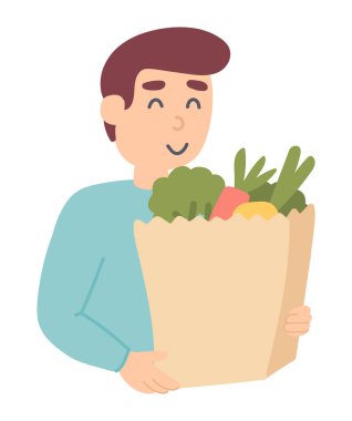 Düz tasarımla süpermarketten alışveriş yapan adam. Market torbası alıcının elinde. Vektör çizimi izole edildi.