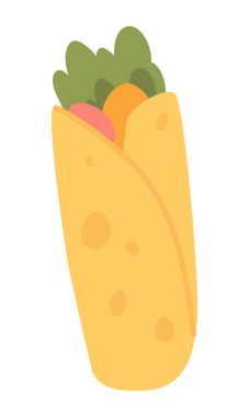 Düz dizaynlı burrito. Meksika fast food menüsü, lezzetli akşam yemeği. Vektör çizimi izole edildi.