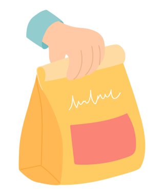 Düz dizaynlı yemek poşeti. Öğle yemeğinin yanında kağıt paketler var. Vektör çizimi izole edildi.