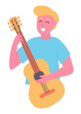 Düz tasarım ile akustik gitar çalan müzisyen. Müzik enstrümanı. Vektör çizimi izole edildi.