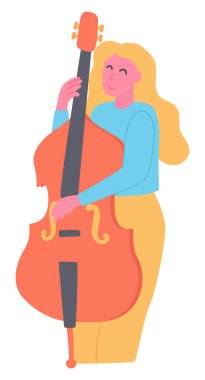 Düz tasarımla bas çalan müzisyen. Müzik orkestrası enstrümanı. Vektör çizimi izole edildi.