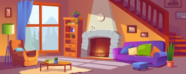 Çizgi film tasarımında şömine arkası afişi olan oturma odası. Klasik ev dekorasyonu kanepe ve koltuk, sıcak ateş, kitaplık, tahta merdiven ve pencere, ev bitkileri. Vektör çizgi film illüstrasyonu