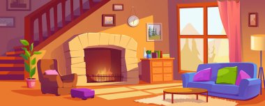 Çizgi film tasarımında şömine arkası afişi olan oturma odası. Kanepe, koltuk, yastıklar, sehpa, sıcak ateş, ahşap merdiven ve büyük pencereli rahat bir ev. Vektör çizgi film illüstrasyonu