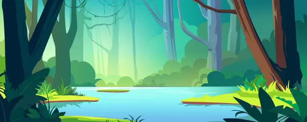 Selva Tropical Con Bandera Fondo Río Diseño Dibujos Animados Bosque Gráficos vectoriales