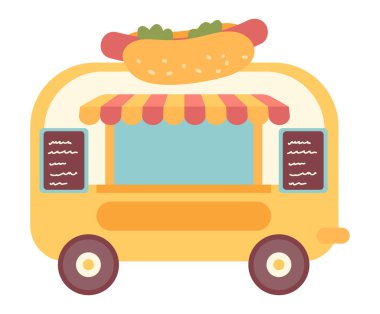 Düz tasarım sosisli sandviç standı. Tekerlekli sokak yemekleri servis arabası. Vektör çizimi izole edildi.