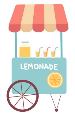 Limonata standı düz dizaynlı. Tekerlekli soğuk içecek servis arabası. Vektör çizimi izole edildi.