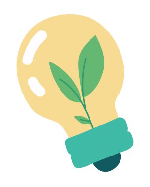 Düz dizaynlı, yapraklı eko ampul. Alternatif elektrik teknolojisi. Vektör çizimi izole edildi.