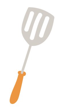 Düz dizaynlı mutfak spatulası. Delikli ve tahta saplı mutfak eşyaları kaşığı. Vektör çizimi izole edildi.