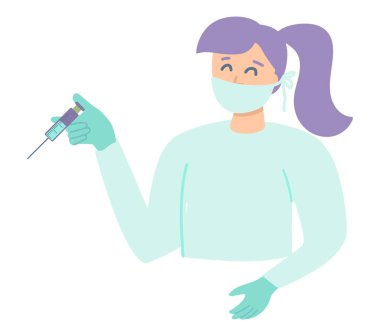 Düz dizaynlı şırıngalı doktor. Virüs koruması için aşılama. Vektör çizimi izole edildi.