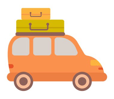 Düz dizaynlı Trip Car. Bagajlı aile macerası tatili. Vektör çizimi izole edildi.