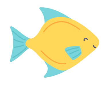 Düz dizaynlı şirin tropikal balıklar. Su altı mavi ve sarı yüzen balıklar. Vektör çizimi izole edildi.