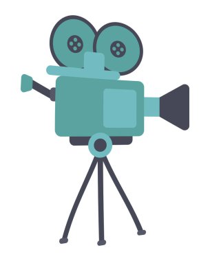 Düz dizaynlı makaralı sinema kamerası. Tripodun üzerinde klasik film kamerası. Vektör çizimi izole edildi.