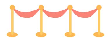 Düz tasarımla giriş engelleri. VIP etkinliğinde kırmızı ipli altın direkler. Vektör çizimi izole edildi.