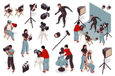 Sinematografi 3d izometrik mega set. Film çeken insanların, sahne aktörlerinin, kamera operatörlerinin, yönetmenlerin, kostümcülerin ve makyaj sanatçılarının izometri koleksiyonu. Vektör illüstrasyonu.