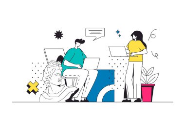 Modern düz çizgi tasarımında yaratıcı ajans web çizgisi kavramı. Tasarımcı takım, şirket sanat projelerinde çalışarak, dijital içerik ve reklamcılık konusunda beyin fırtınası yapıyor. Vektör illüstrasyonu