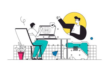 Modern düz çizgi tasarımında siber uzay yönetimi web konsepti. Proje ile bilgisayar başında çalışan ve iş akışını organize etmek için yönetici ağ yöneticisiyle işbirliği yapan bir adam. Vektör illüstrasyonu