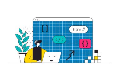 Modern düz çizgi tasarımında DevOps web tasarımı. Program kodlama ve projede çalışma, işbirliği ve bütünleşme uygulaması için yönetim müdürüyle bağlantı. Vektör illüstrasyonu