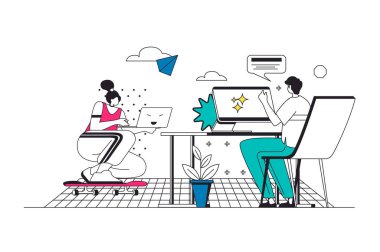 Modern düz çizgi tasarımında serbest çalışma web tasarımı. Dizüstü bilgisayarda uzaktan çalışan bir kadın. Merkez ofisteki bilgisayar uygulaması üzerinden iş arkadaşlarıyla bağlantı kuran bir adam. Vektör illüstrasyonu