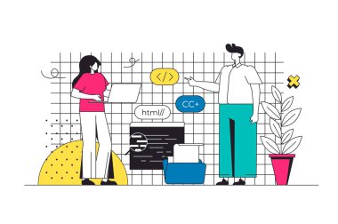 Modern düz çizgi dizaynında web konsepti programlanıyor. Kadın ve erkek programlama koduyla çalışıyor, yazılım ürünleri yaratıyor, optimizasyon uygulaması yapıyor, proje geliştiriyor. Vektör illüstrasyonu